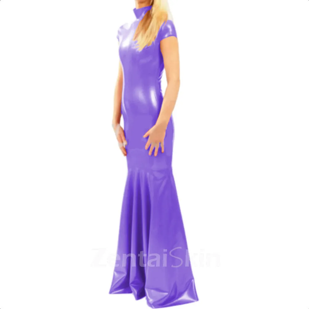 Second Skin Women Wetlook PVC Long Dress Female Slinky High Collar Short Sleeve Dress
