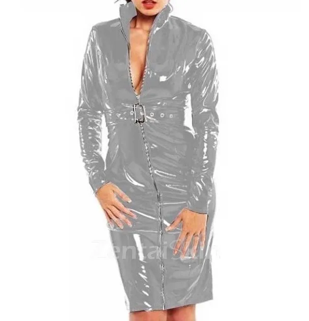 Second Skin Women Long Sleeve High Collar Zipper Dress Wetlook PVC Party Bodycon Slim Mini Dresses