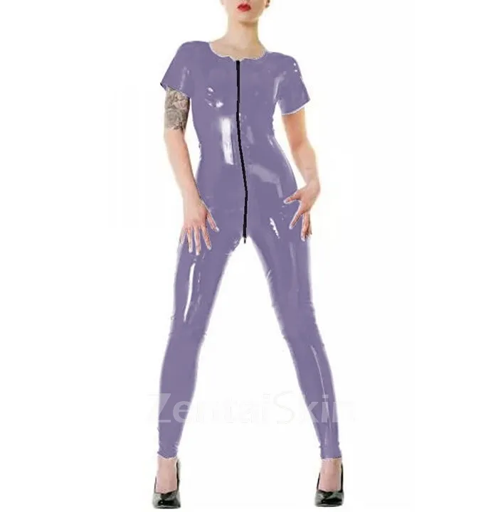 Zentai Second-skin Women Short Sleeve Zipper Skinsuit Wetlook Unitard PVC Jumpsuit Glossy Leotard Elastic Rompers Bodycon Bodysuit