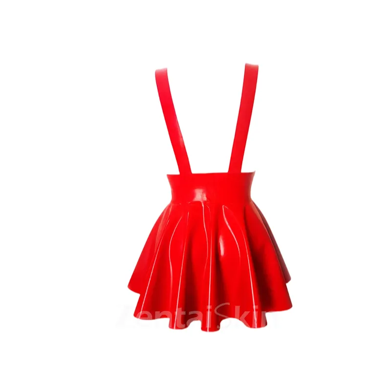 Second Skin Women High Waist Pleated Skater Suspender Skirt Gothic Strap Wetlook PVC Skirts
