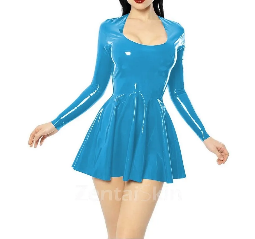 Second Skin Women Wetlook PVC Mini Dress Casual High Strecth Square Neck Long Sleeve Dress