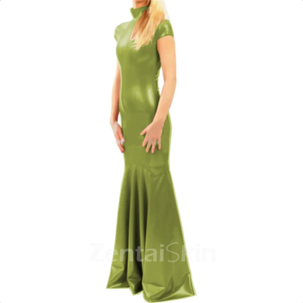 Second Skin Women Wetlook PVC Long Dress Female Slinky High Collar Short Sleeve Dress
