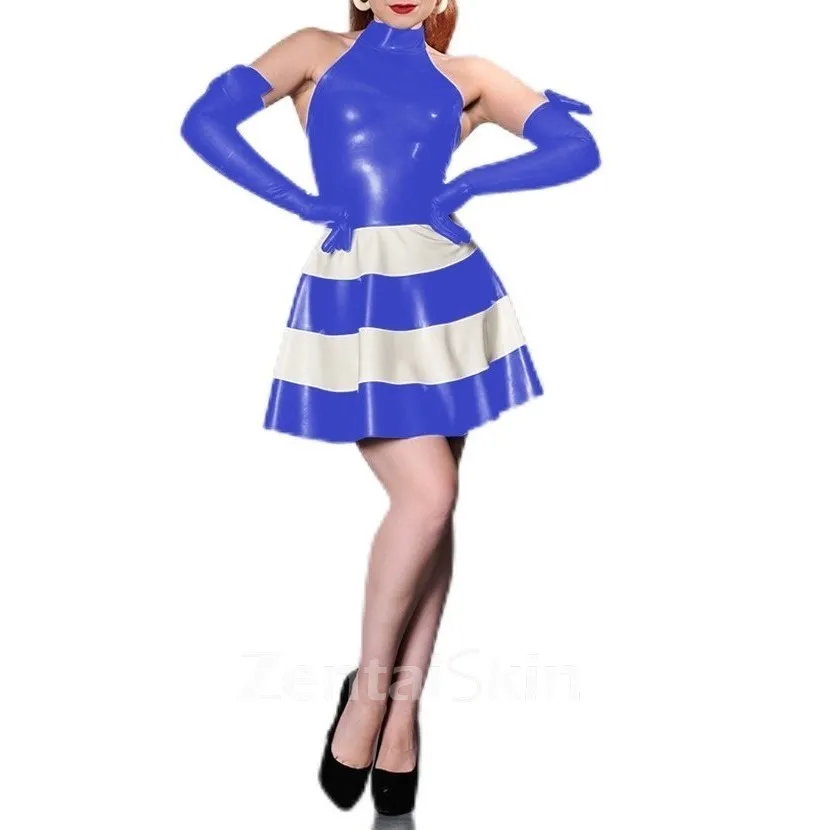 Second Skin Women Cake Dresses Sleeveless Wetlook PVC Splicing Dress with Gloves