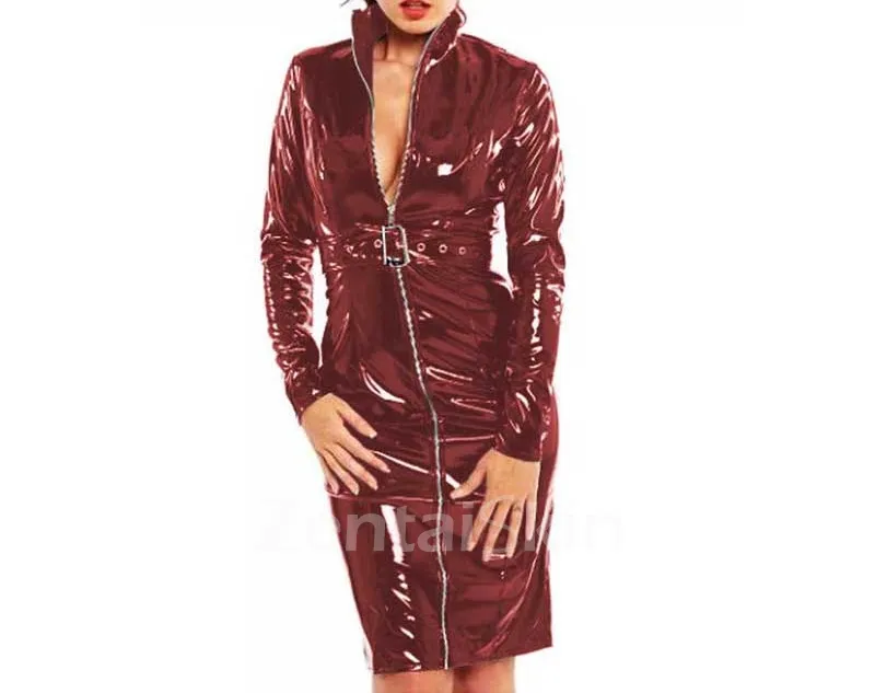 Second Skin Women Long Sleeve High Collar Zipper Dress Wetlook PVC Party Bodycon Slim Mini Dresses