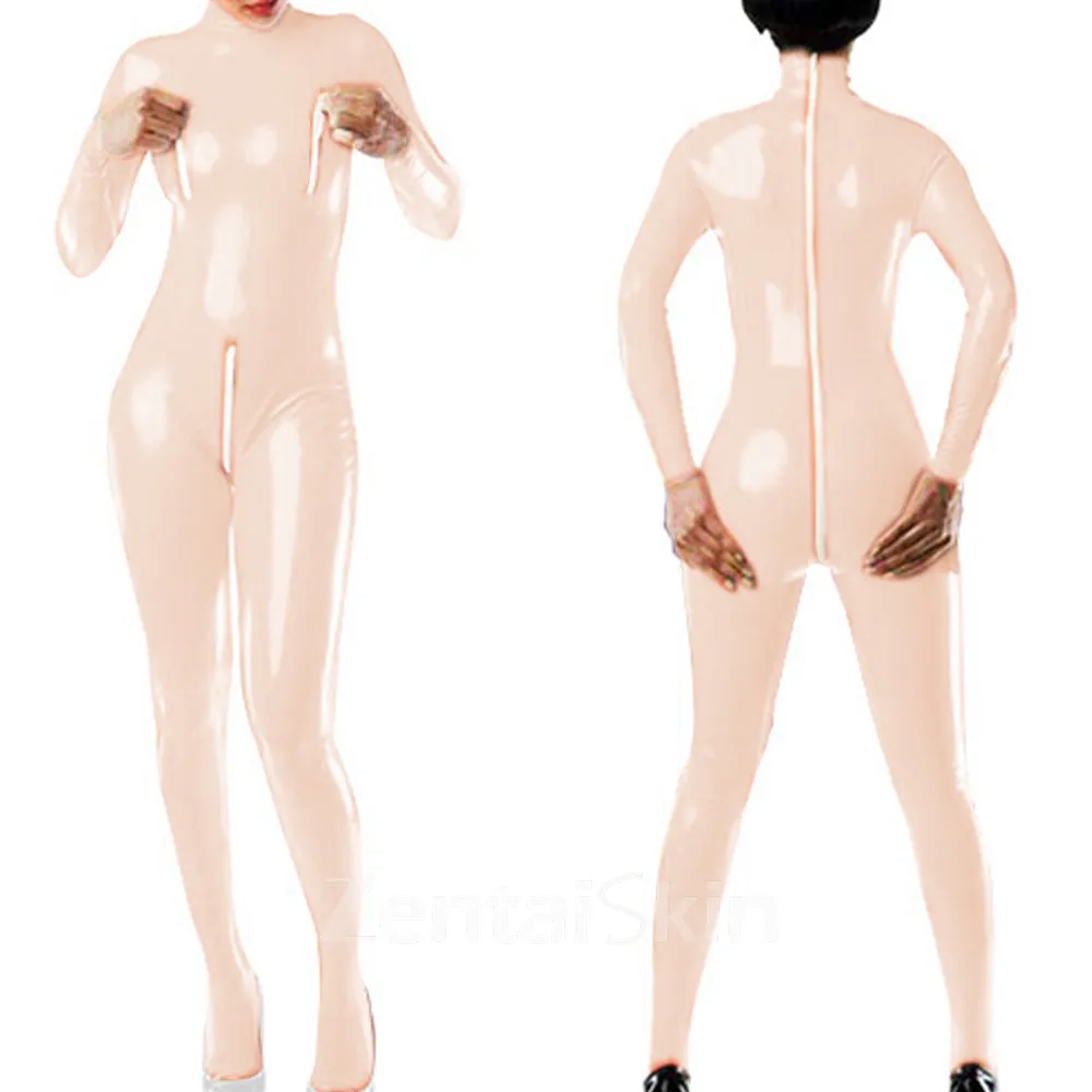 Zentai Second-skin Long Sleeve Zipper Open Crotch Tight Jumpsuit Skinsuit Wetlook Unitard PVC Gothic Bare Chest Bodysuit
