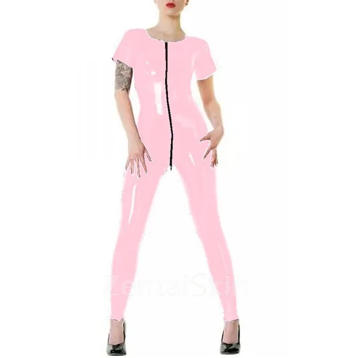 Zentai Second-skin Women Short Sleeve Zipper Skinsuit Wetlook Unitard PVC Jumpsuit Glossy Leotard Elastic Rompers Bodycon Bodysuit