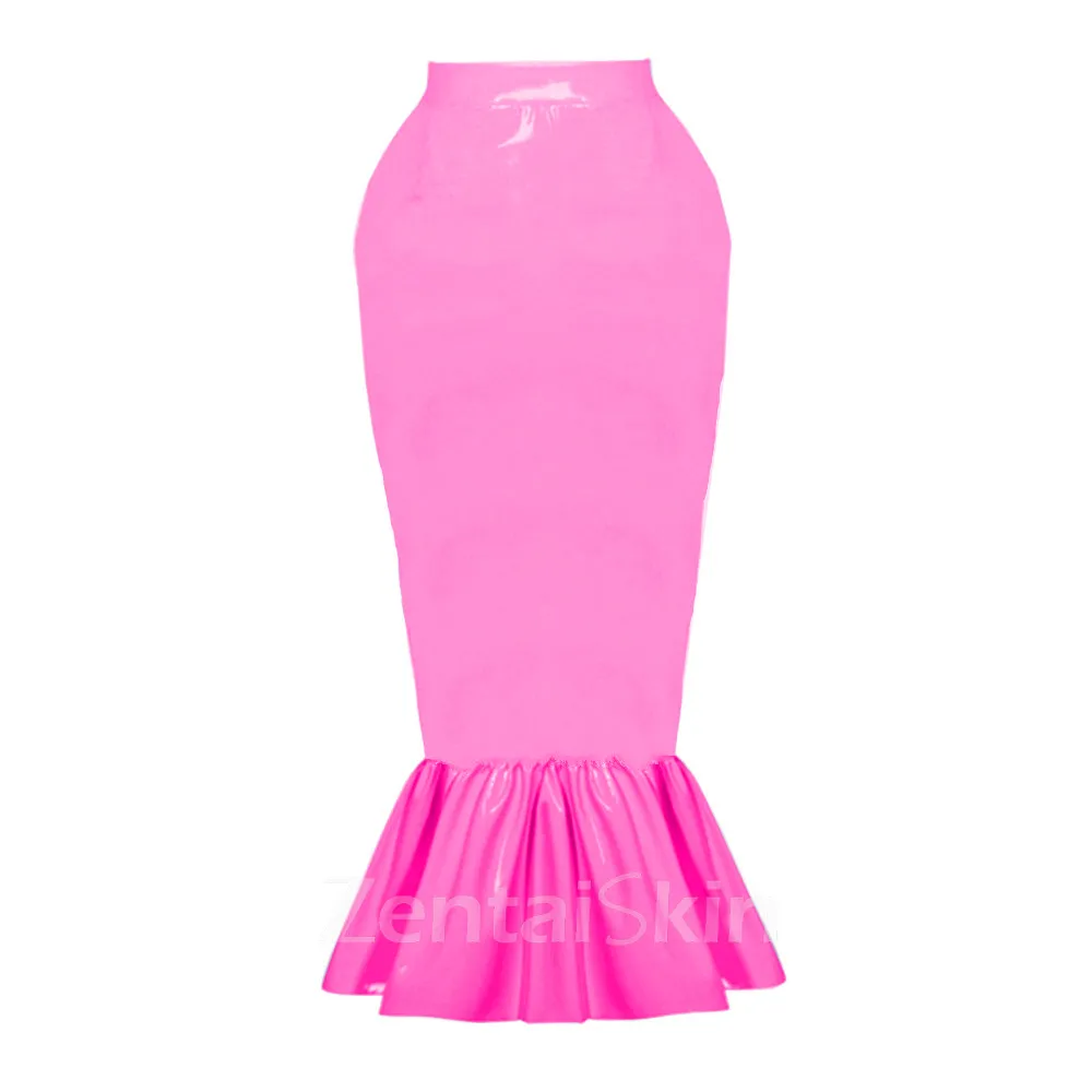Second Skin Women Ruffles Slim Mermaid Skirts Wild Trumpet Skirt Wetlook PVC Mid-length Wrap Hip Skirts