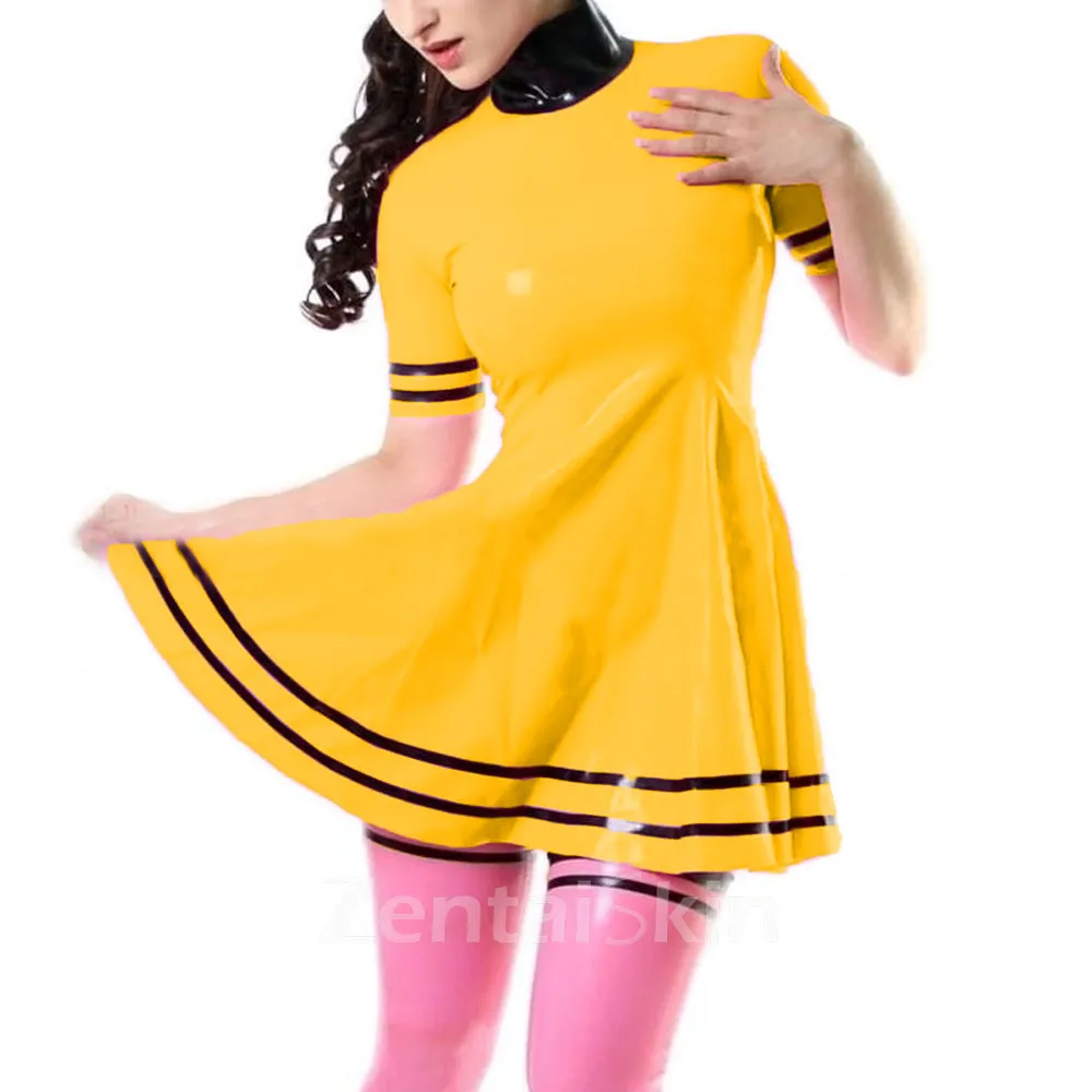 Second Skin High Collar Short Sleeve Mini Dress Sweet Wetlook PVC Dress Baseball Club Dresses