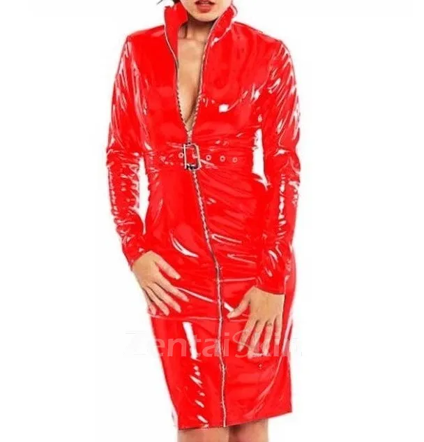 Second Skin Women Long Sleeve High Collar Zipper Dress Wetlook PVC Party Bodycon Slim Mini Dresses