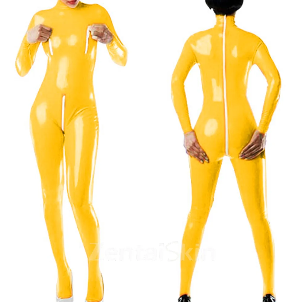Zentai Second-skin Long Sleeve Zipper Open Crotch Tight Jumpsuit Skinsuit Wetlook Unitard PVC Gothic Bare Chest Bodysuit