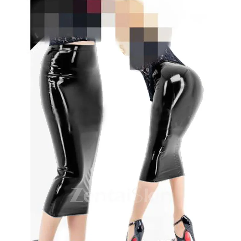Second Skin Wetlook Wetlook PVC Midi Skirt Lady High Waist Pencil Slim Wrap Hip Skirt Office Club Skirt