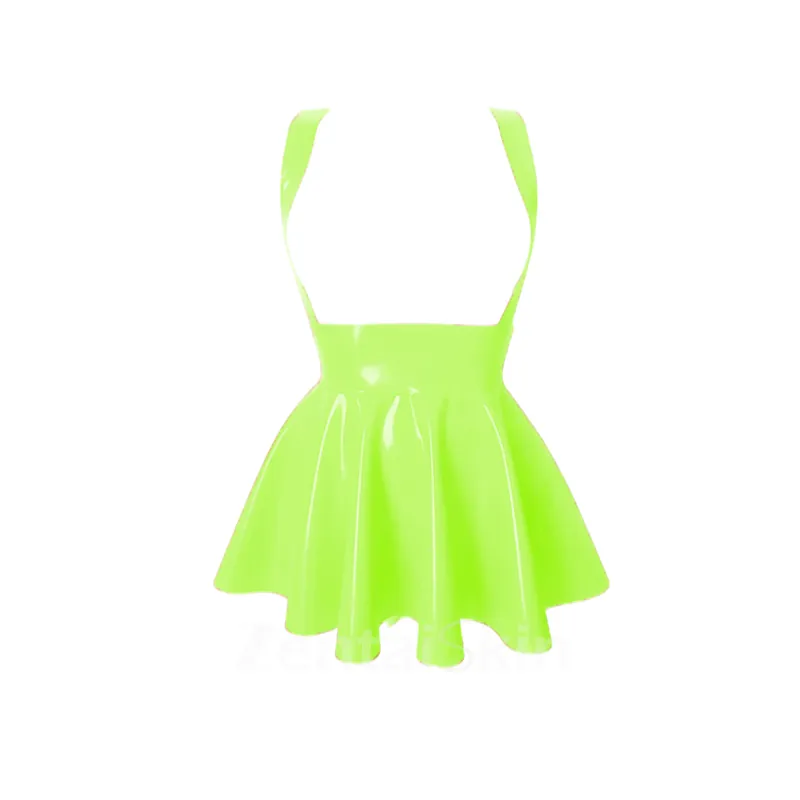 Second Skin Women High Waist Pleated Skater Suspender Skirt Gothic Strap Wetlook PVC Skirts