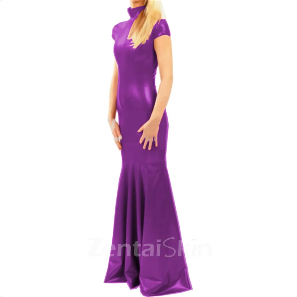 Second Skin Women Wetlook PVC Long Dress Female Slinky High Collar Short Sleeve Dress