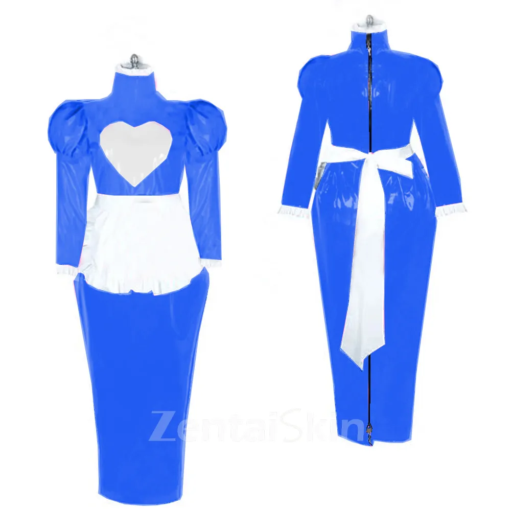Second Skin Women French Maid Dress Wet Look Wetlook PVC Midi Dress Long Sleeve Lolita Dress with Apron