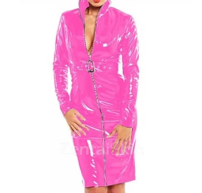 Second Skin Women Long Sleeve High Collar Zipper Dress Wetlook PVC Party Bodycon Slim Mini Dresses