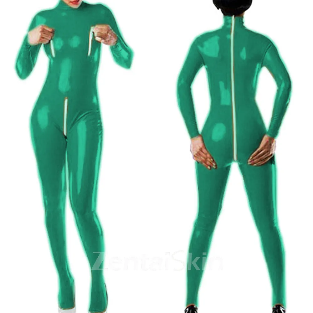 Zentai Second-skin Long Sleeve Zipper Open Crotch Tight Jumpsuit Skinsuit Wetlook Unitard PVC Gothic Bare Chest Bodysuit