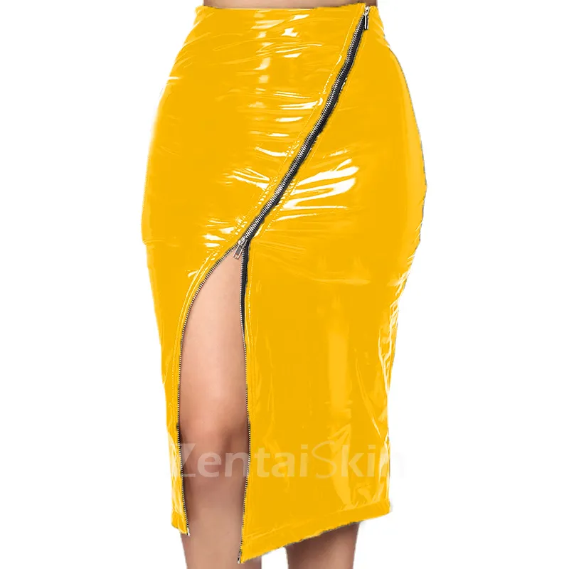 Second Skin Full Zip Wetlook PVC Pencil Skirt Slim High Waist Skirts