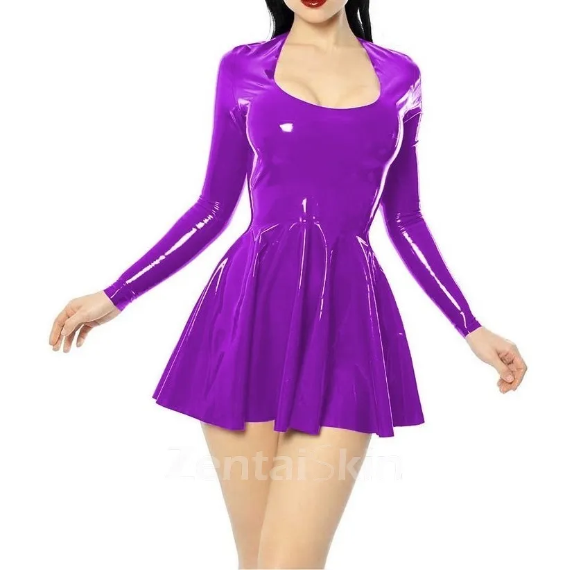 Second Skin Women Wetlook PVC Mini Dress Casual High Strecth Square Neck Long Sleeve Dress