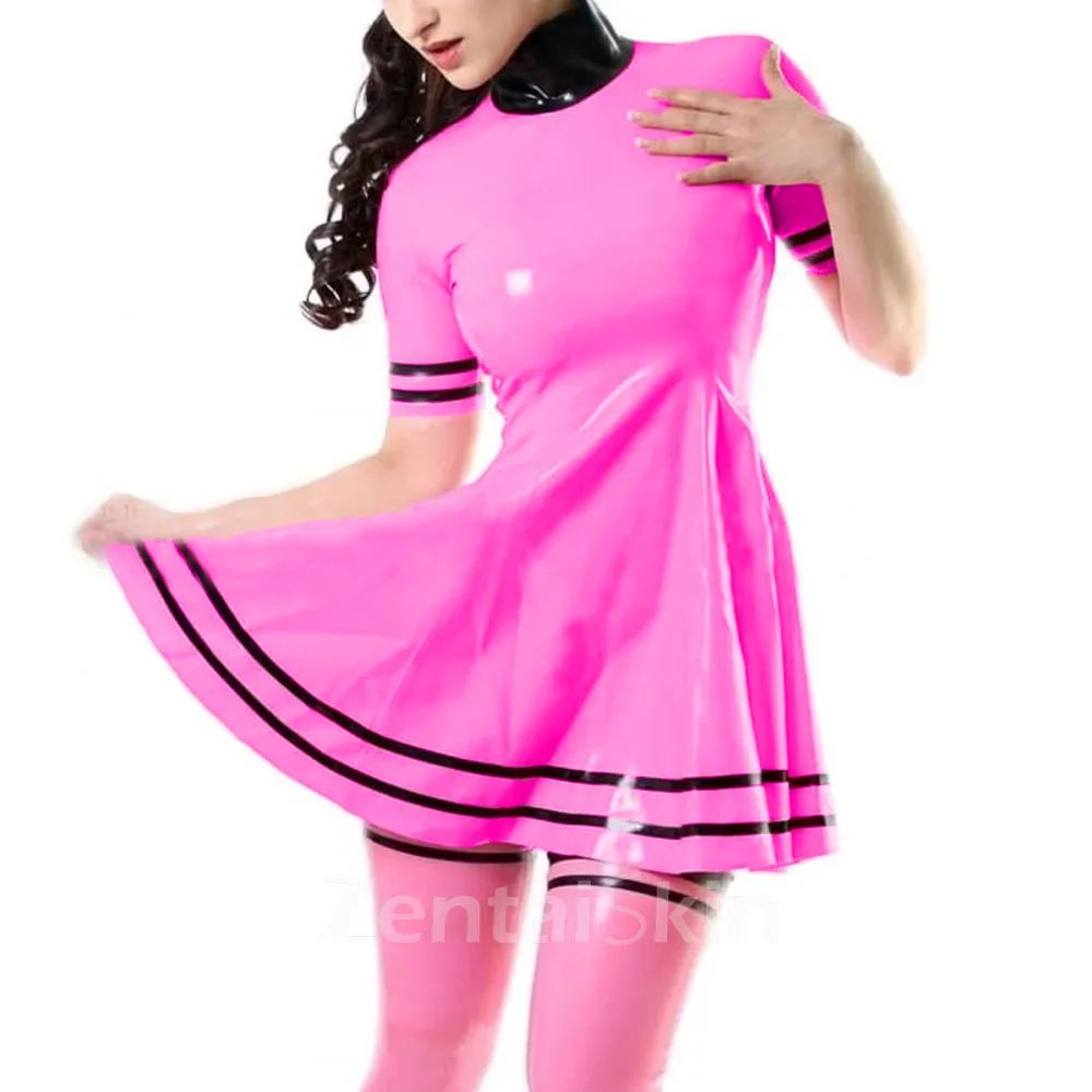 Second Skin High Collar Short Sleeve Mini Dress Sweet Wetlook PVC Dress Baseball Club Dresses