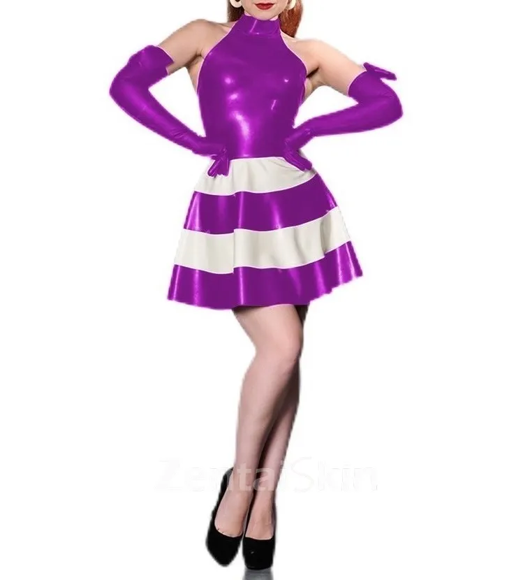 Second Skin Women Cake Dresses Sleeveless Wetlook PVC Splicing Dress with Gloves