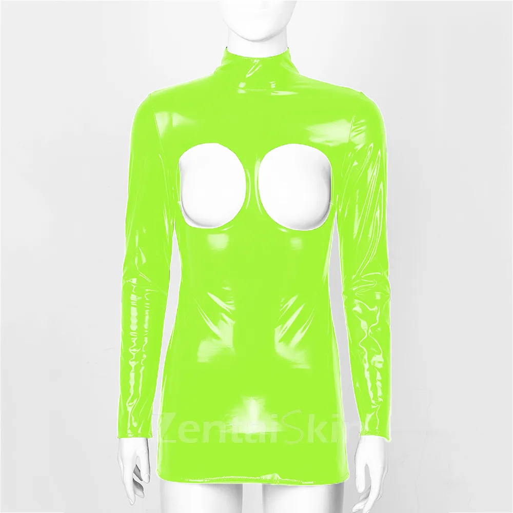 Second Skin Women Wet Look Shiny Wetlook PVC Mini Dress Hot Open Crotch Hollow Chest Fetish Costumes Dresses
