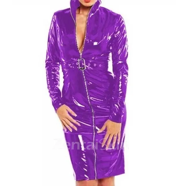 Second Skin Women Long Sleeve High Collar Zipper Dress Wetlook PVC Party Bodycon Slim Mini Dresses