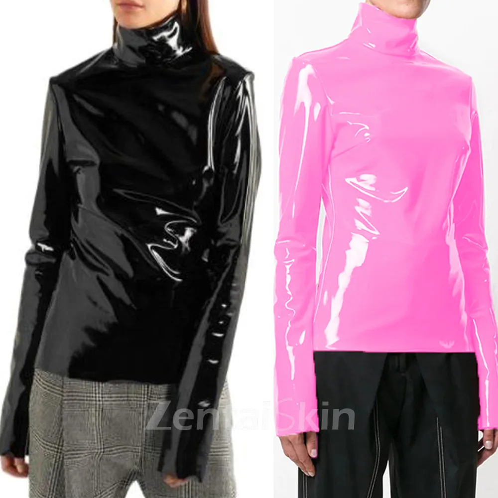 Second Skin Women Long Sleeve High Collar Wetlook PVC Tops Vintage Moto Biker T-shirt