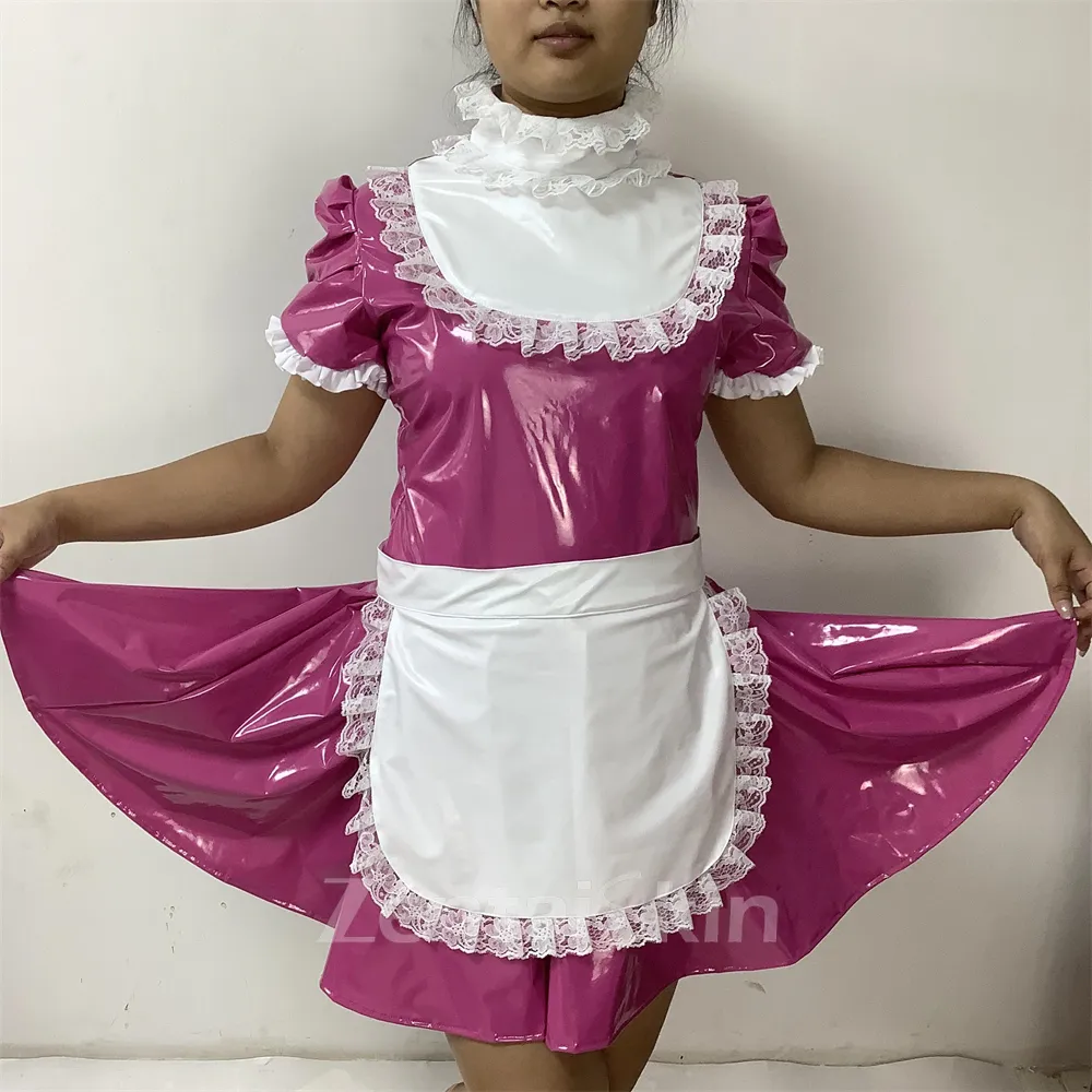 Second Skin Maid Mini Dress Short Puff Sleeve Wetlook PVC Lace Maid Lolita Dress