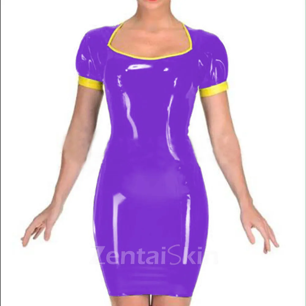 Second Skin Women Wet Look Wetlook PVC Short Sleeve Mini Dress Zipper Back Bodycon Dresses