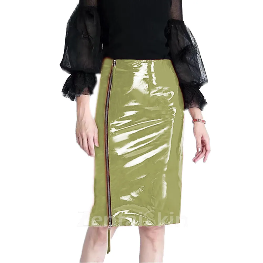 Second Skin Women Zipper Bodycon Slim Mini Pencil Skirt High Waist Wet Look Shiny Wetlook PVC Skirt