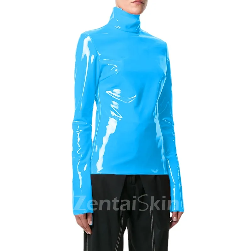 Second Skin Women Long Sleeve High Collar Wetlook PVC Tops Vintage Moto Biker T-shirt