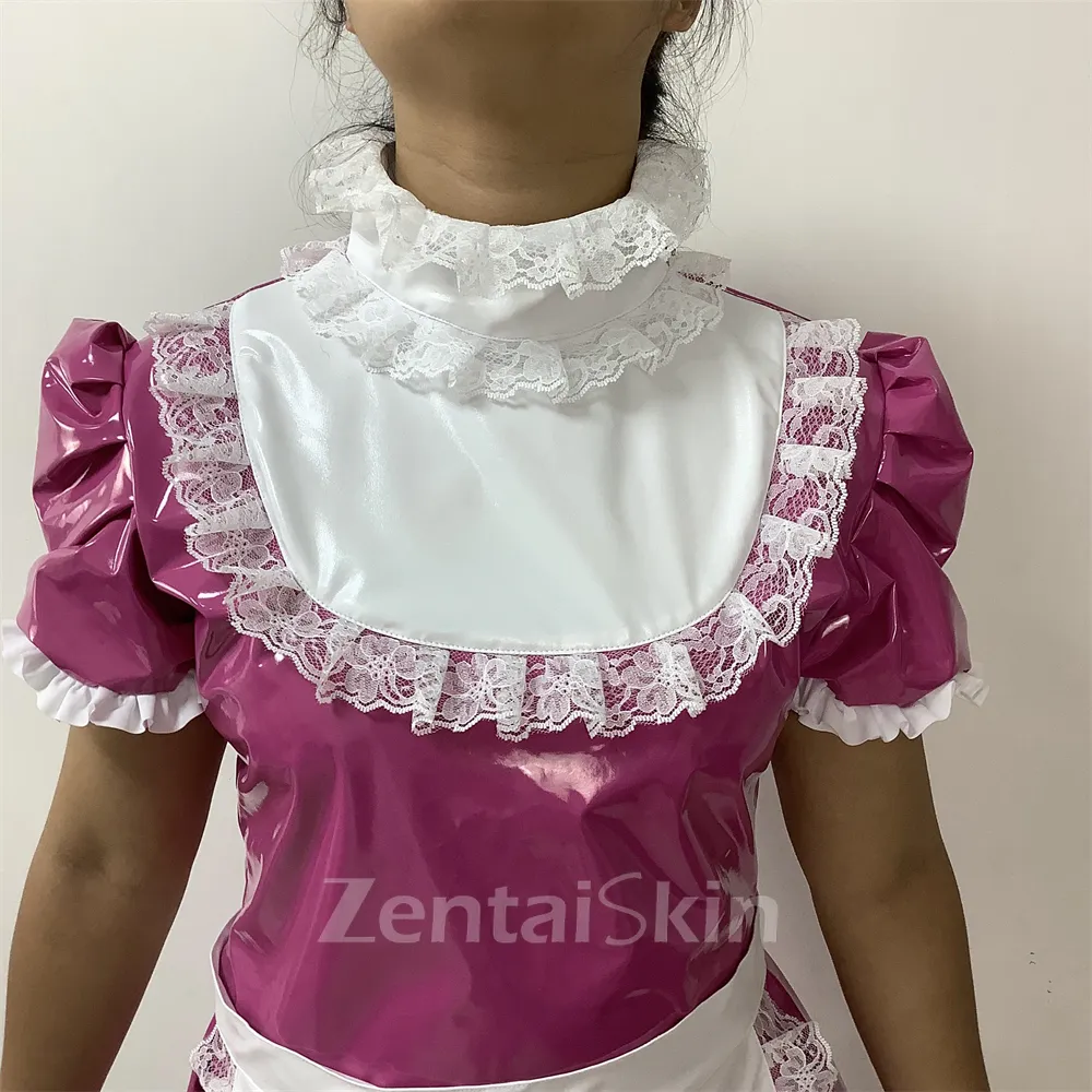 Second Skin Maid Mini Dress Short Puff Sleeve Wetlook PVC Lace Maid Lolita Dress