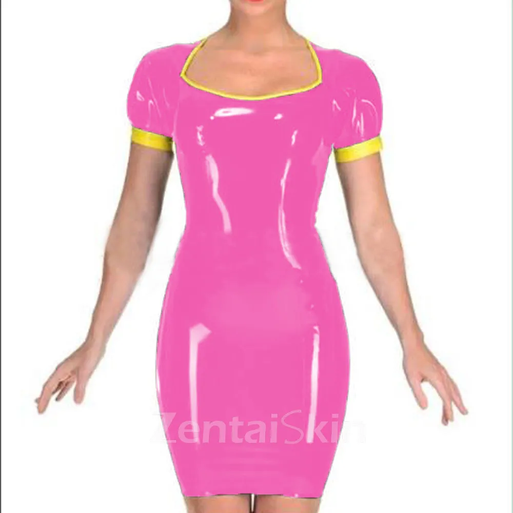 Second Skin Women Wet Look Wetlook PVC Short Sleeve Mini Dress Zipper Back Bodycon Dresses