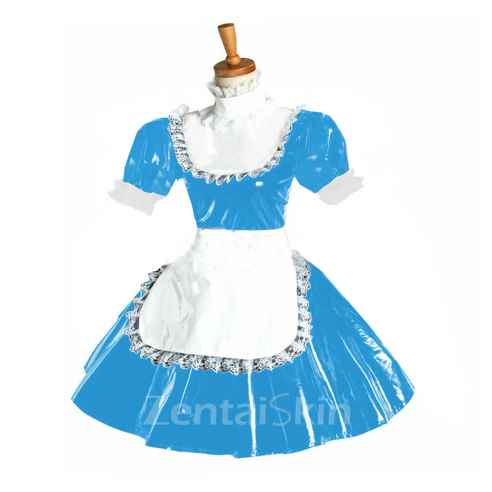 Second Skin Maid Mini Dress Short Puff Sleeve Wetlook PVC Lace Maid Lolita Dress