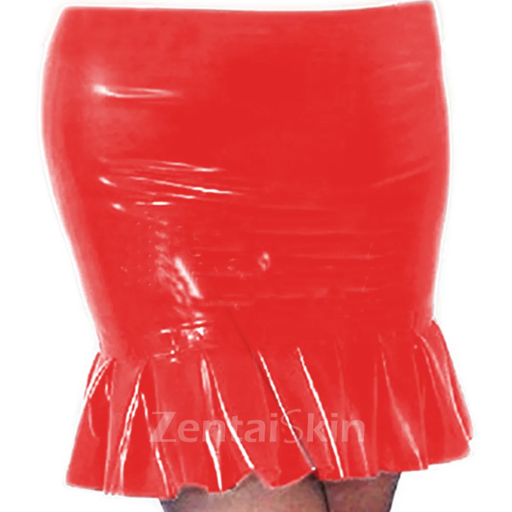 Second Skin Wetlook PVC Mini Skirt Gothic Women High Waist Asymmetric Hem Skater Skirt