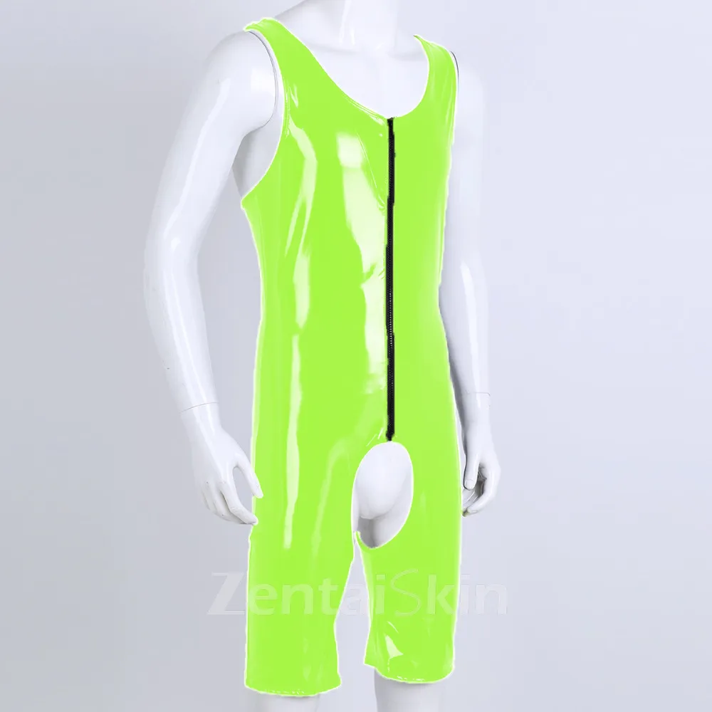 Second Skin Men Wetlook Leotard Wetlook PVC Bodysuit Crotchless Front Zipper Open Crotch Bodysuit