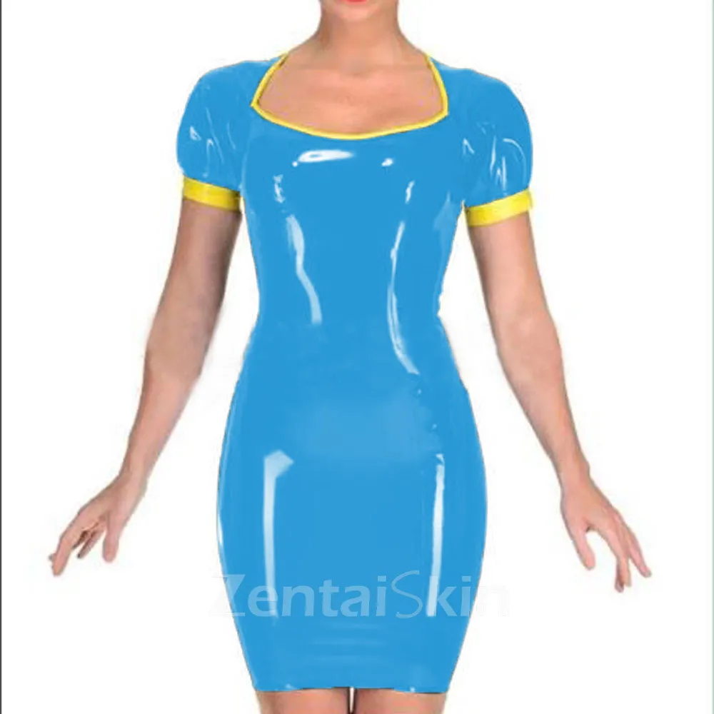 Second Skin Women Wet Look Wetlook PVC Short Sleeve Mini Dress Zipper Back Bodycon Dresses