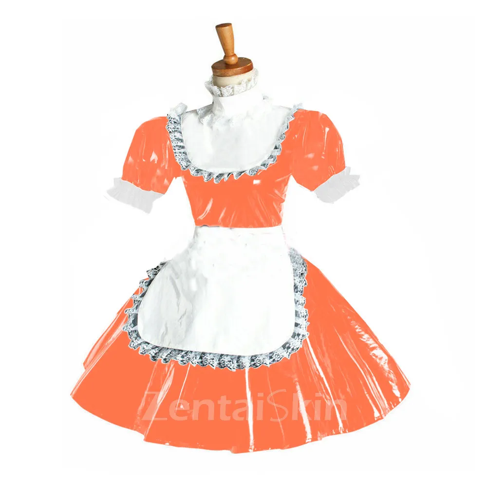 Second Skin Maid Mini Dress Short Puff Sleeve Wetlook PVC Lace Maid Lolita Dress