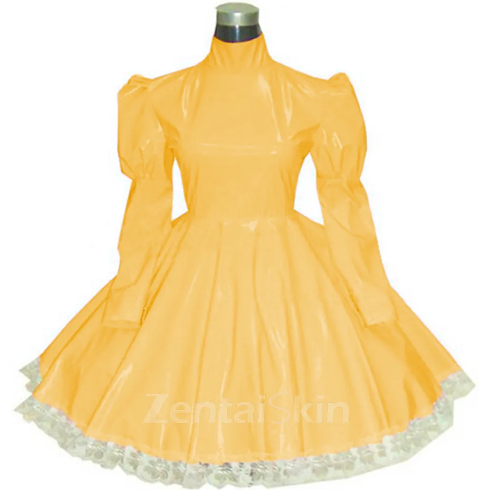 Second Skin Lolita Wetlook PVC Maid Dress Long Sleeve Gothic Dress French Maid Wetlook PVC Dress