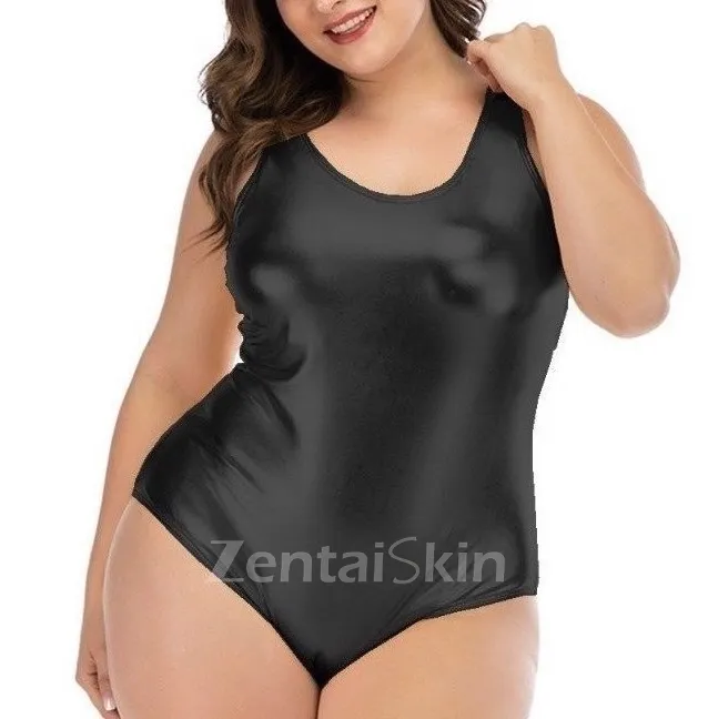Second Skin Women Plus Size Stretchy Sleeveless Wet Look Shiny Metallic Bodysuit High Cut Backless Short Rompers