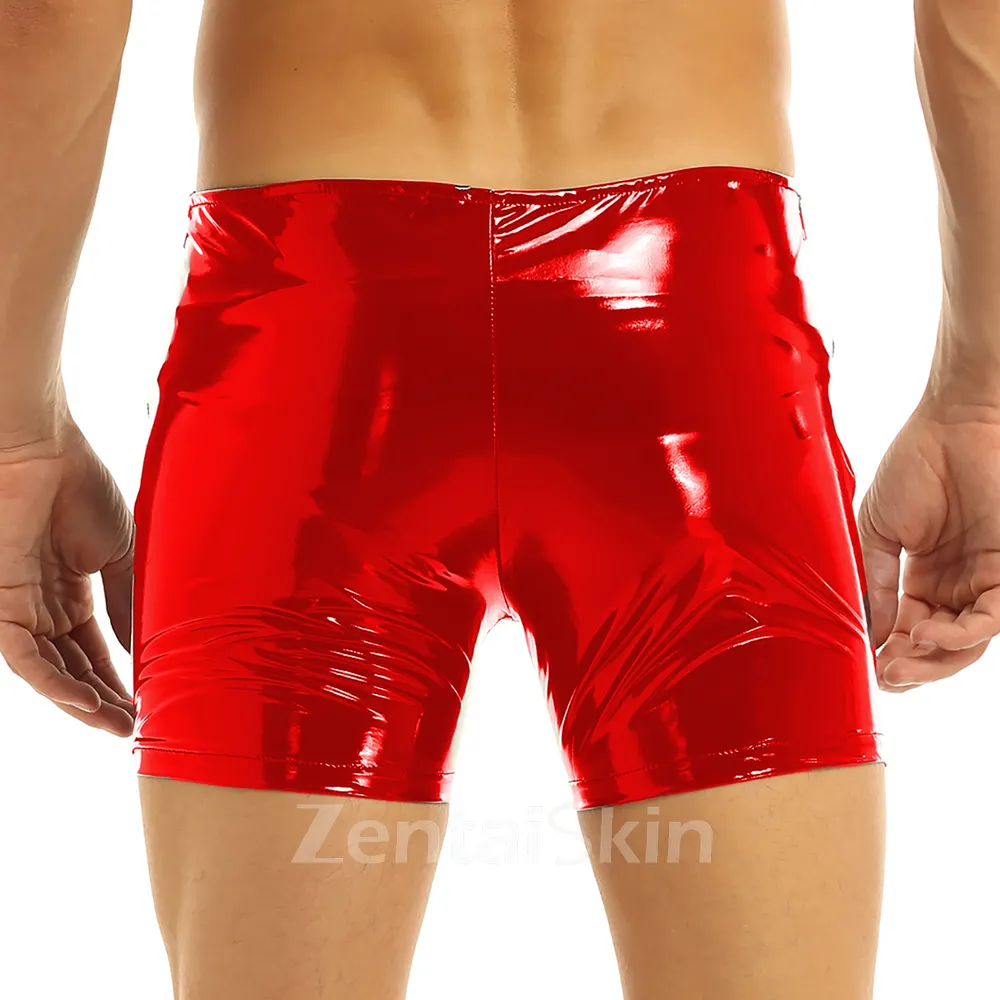 Second Skin Men Wet Look Shiny Metallic Glossy Boxer Short Low Rise Elastic Slim Fit Side Zipper Short