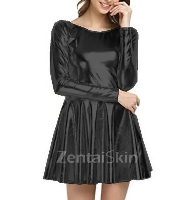 Second Skin Women Mini Dress Wet Look Shiny Metallic Long Sleeve Dresses