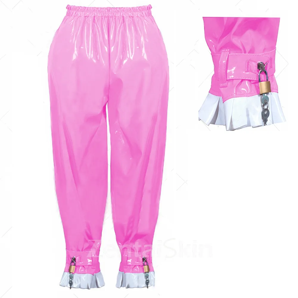 Second Skin Wetlook PVC Women Joggers Sweatpants Lockable Casual Solid Color Pants