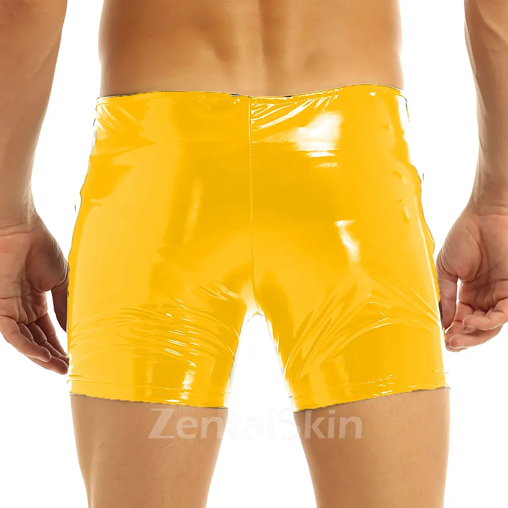 Second Skin Men Wet Look Shiny Metallic Glossy Boxer Short Low Rise Elastic Slim Fit Side Zipper Short