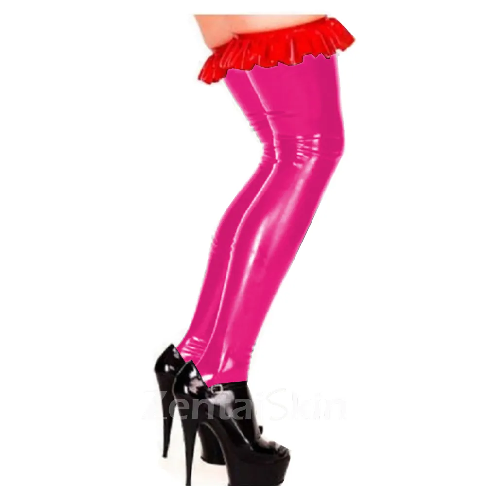 Second Skin Women Wet Look Shiny Metallic Slinky Pantyhose Thigh High Red Ruffled Stockings