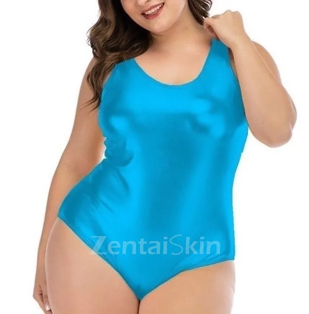 Second Skin Women Plus Size Stretchy Sleeveless Wet Look Shiny Metallic Bodysuit High Cut Backless Short Rompers