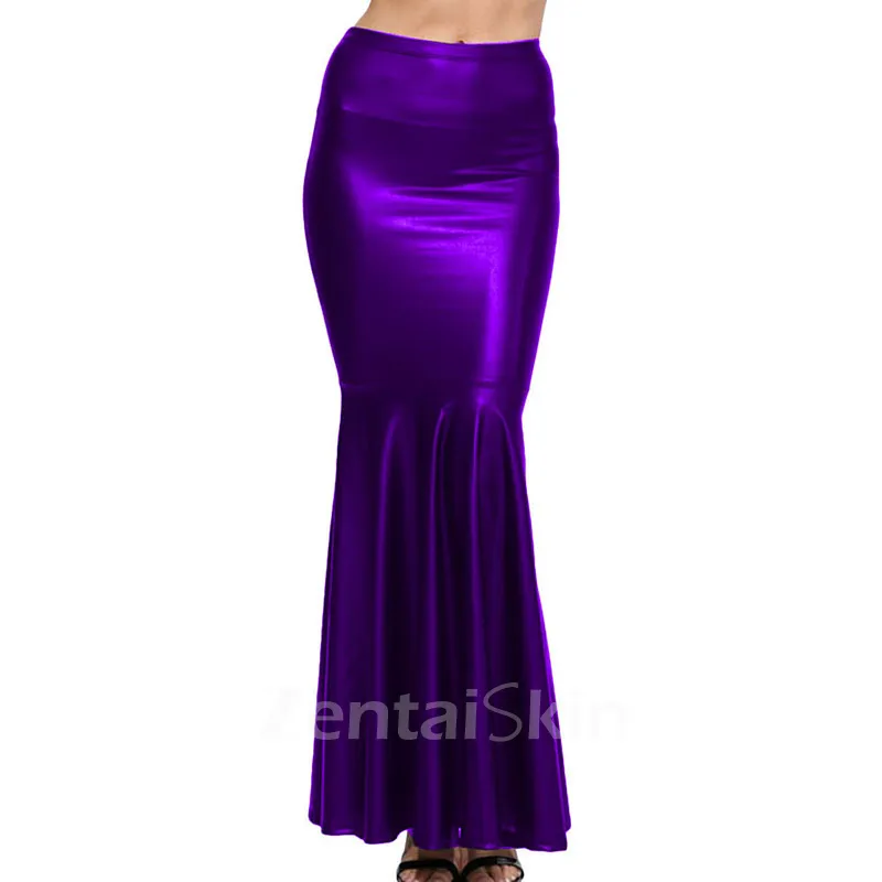 Second Skin Women Mermaid High Waist Long Skirts Wet Look Shiny Metallic Fishtail Maxi Skirt