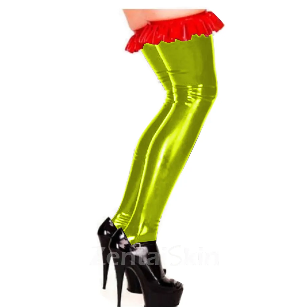 Second Skin Women Wet Look Shiny Metallic Slinky Pantyhose Thigh High Red Ruffled Stockings