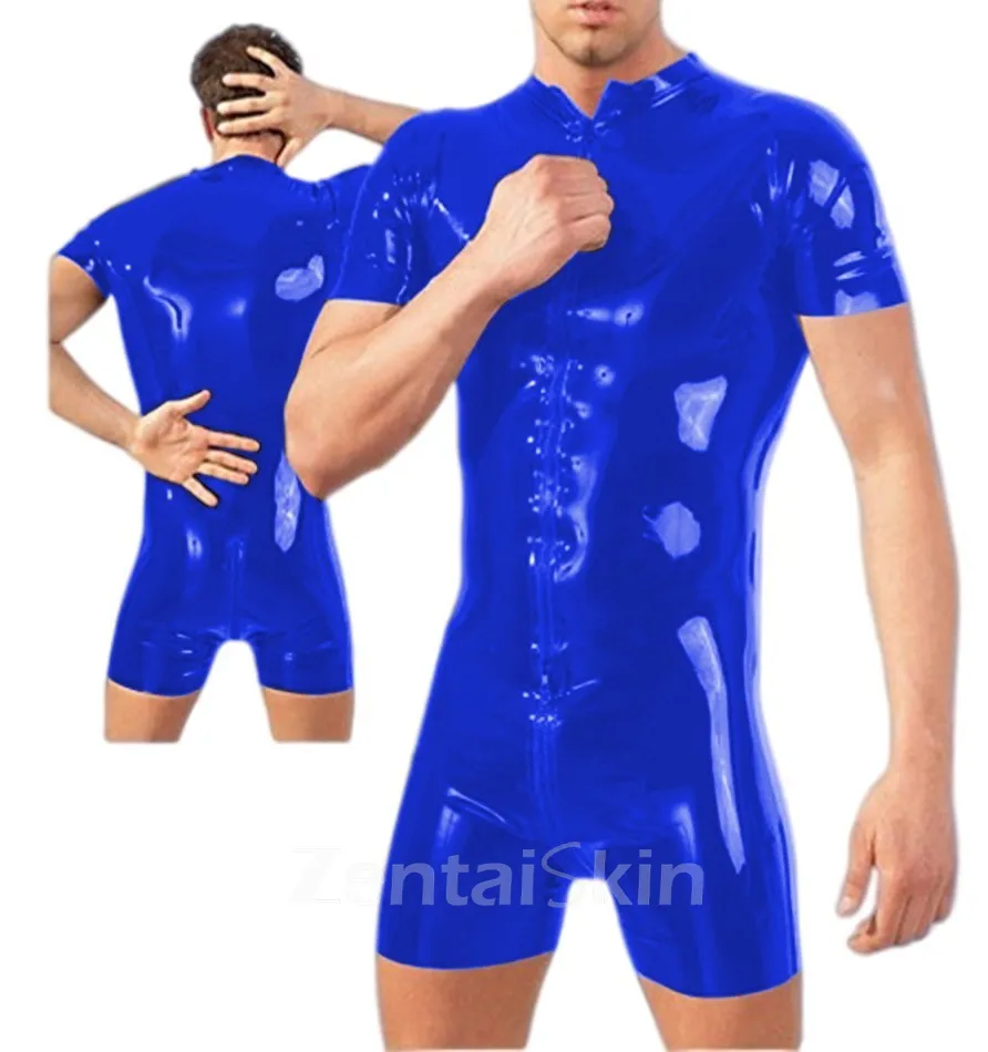 Skinny Stretch Bodycon Bodysuits Men Open Crotch Wetlook PVC Bodysuit