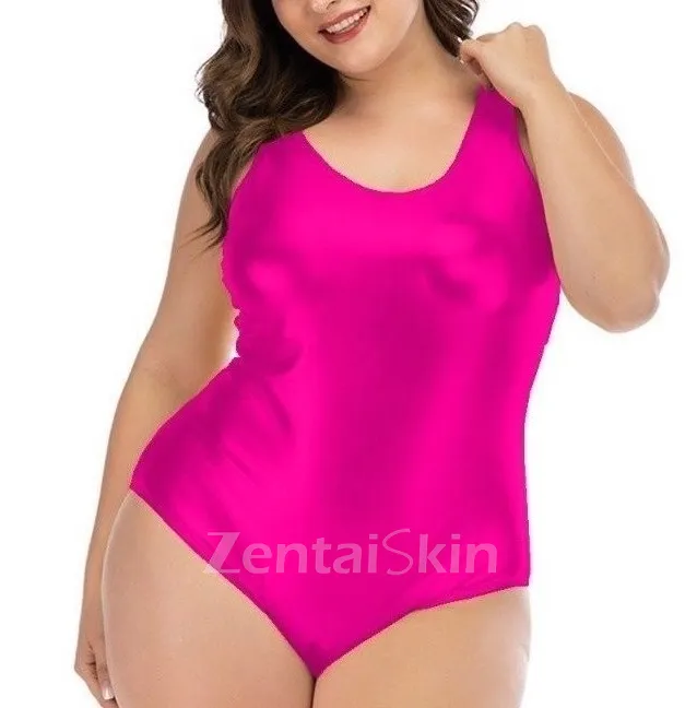 Second Skin Women Plus Size Stretchy Sleeveless Wet Look Shiny Metallic Bodysuit High Cut Backless Short Rompers